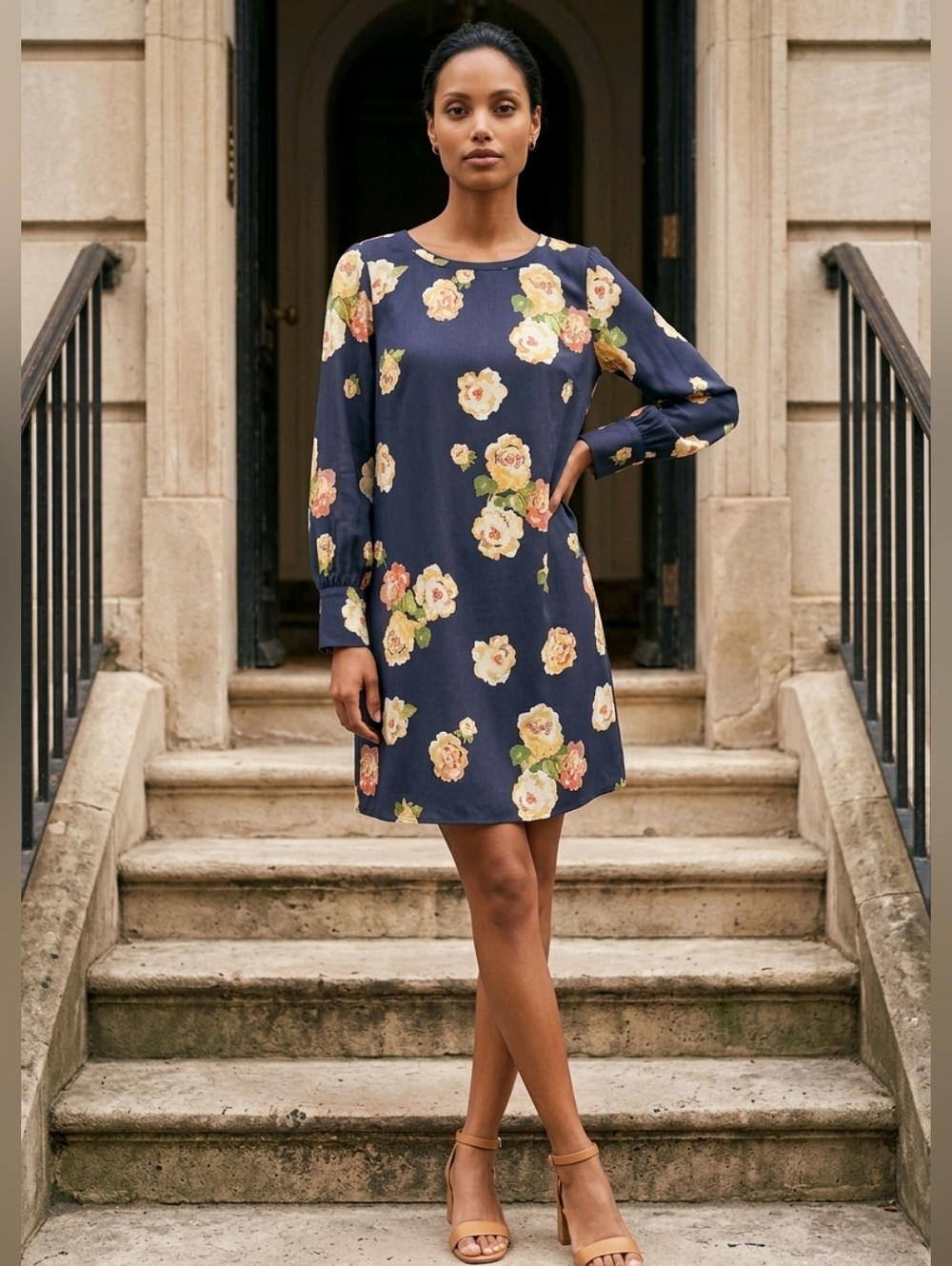 LOFT Navy Floral Long-Sleeve Shift Dress with Cream & Pink Blooms